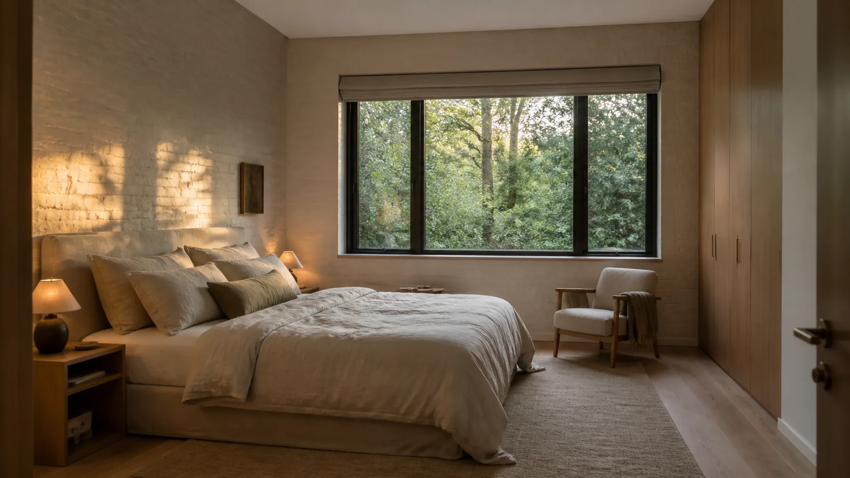 Quiet bedroom in natural linen with a wide view into mature trees