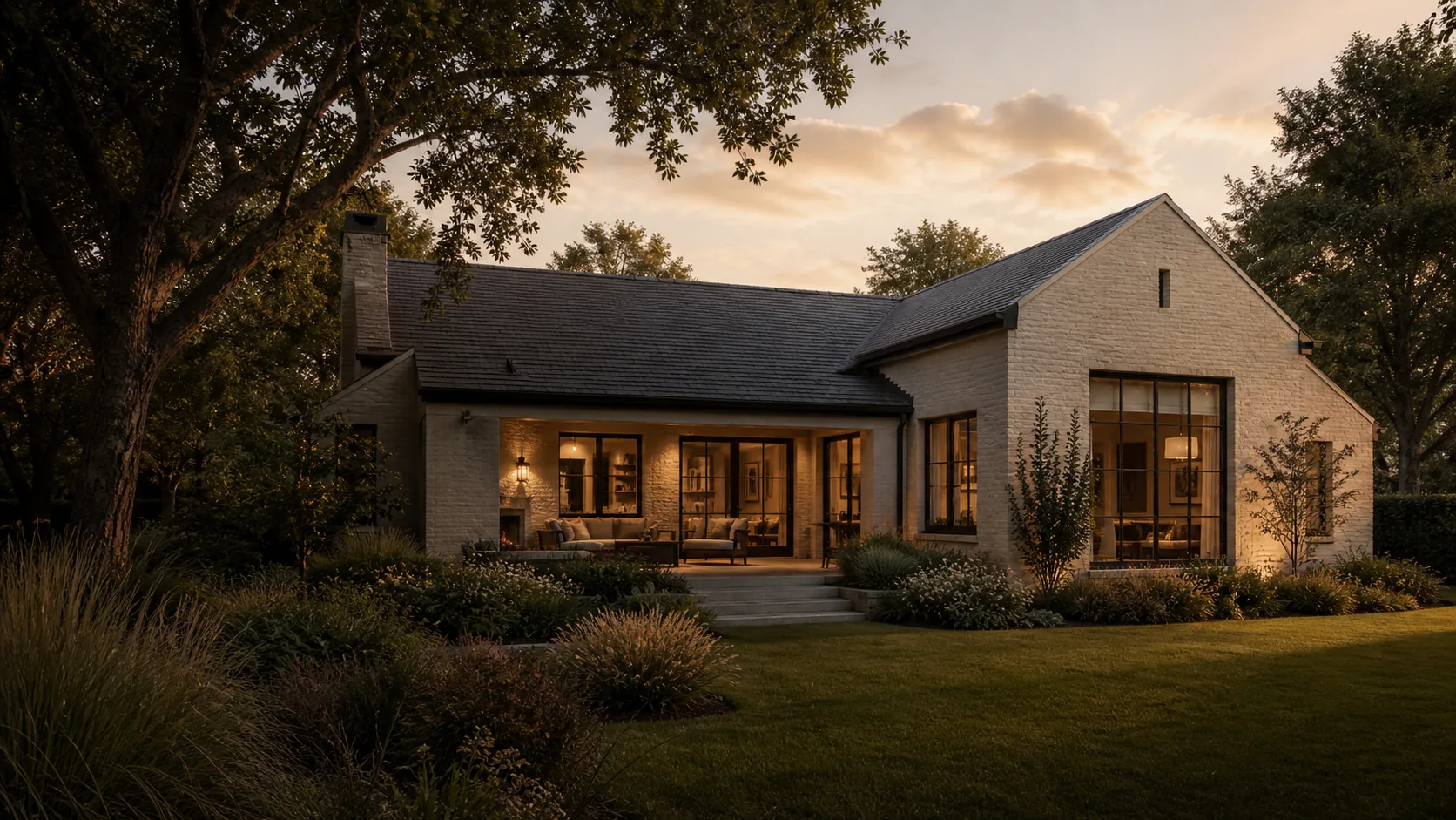 Warm modern brick house and garden in low evening sunlight