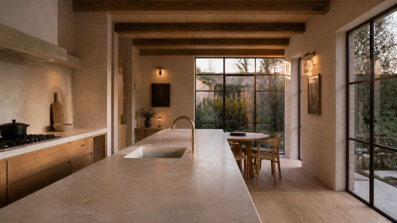 Warm oak and pale stone kitchen opening to a garden