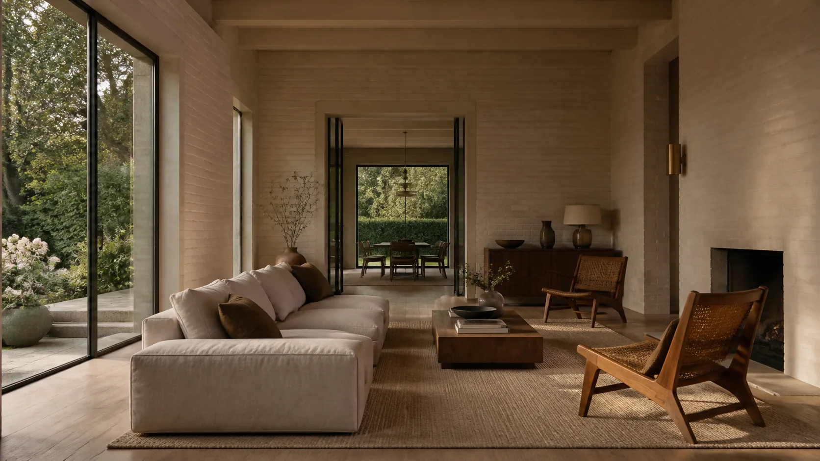 Living room with linen seating, limewashed brick walls and garden windows